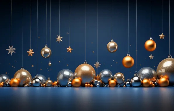 Balls, Shine, Christmas, New year, gold plated, stars, thread, gold