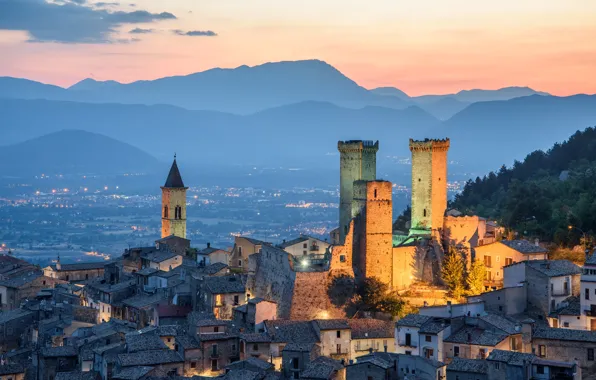 Picture lights, tower, Italy, Pacentro