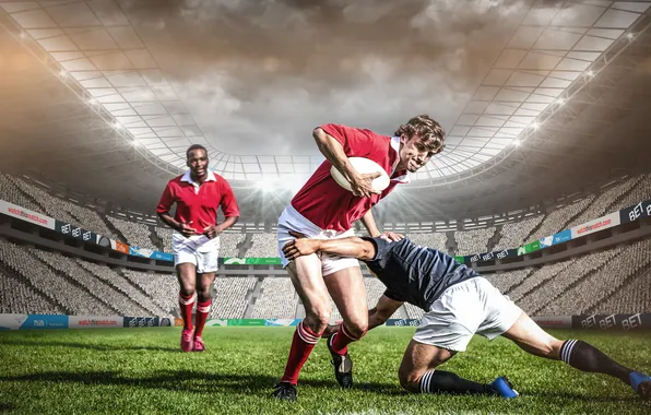 Sport, stadium, playing, spotlights, rugby, sportsman, rival, tackle