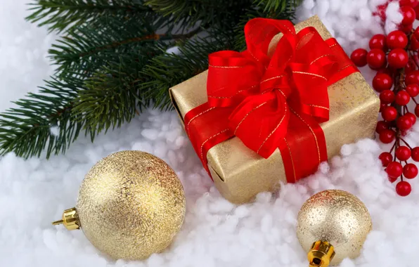 Snow, gift, balls, New Year, Christmas, Christmas, balls, snow