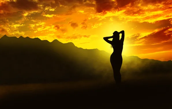 Picture girl, light, sunset, mountains