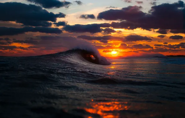 Picture winter, sea, wave, the sky, the sun, clouds, sunset, the ocean