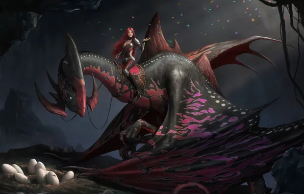 Picture girl, dragon, eggs, art, cave, red