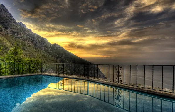 Picture sea, sunset, mountains, coast, pool