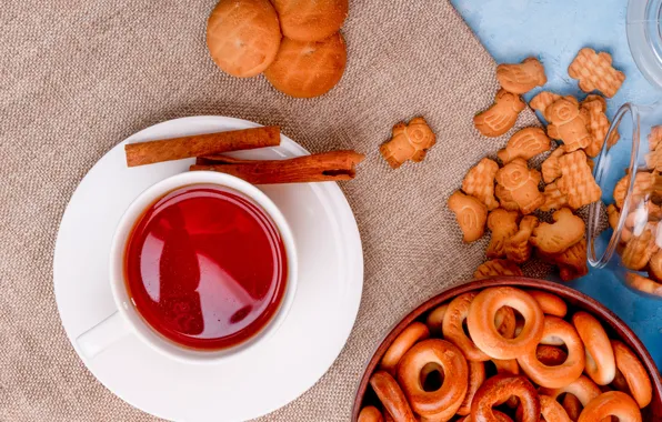 Tea, cookies, Cup, cinnamon, burlap, bagels