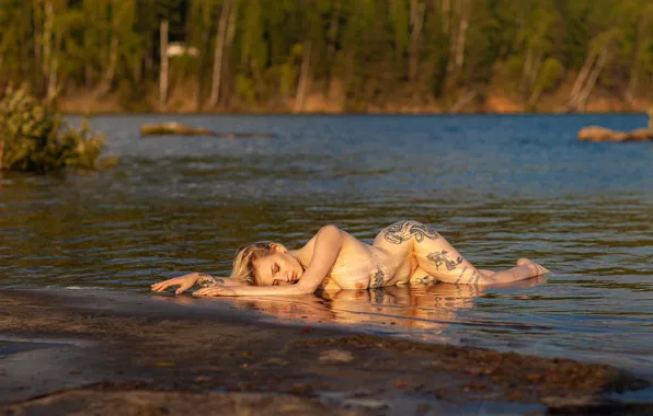 The sun, trees, landscape, nature, pose, river, model, naked