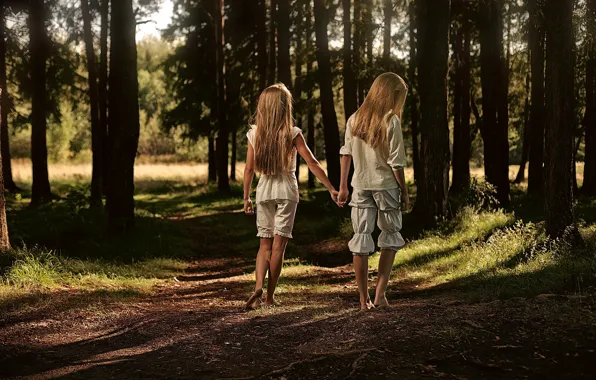 Picture ROAD, FOREST, GRASS, HAIR, PAIR, GREENS, TRAIL, GIRLS