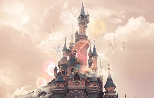 Disney, pink, clouds, castle, Disneyland