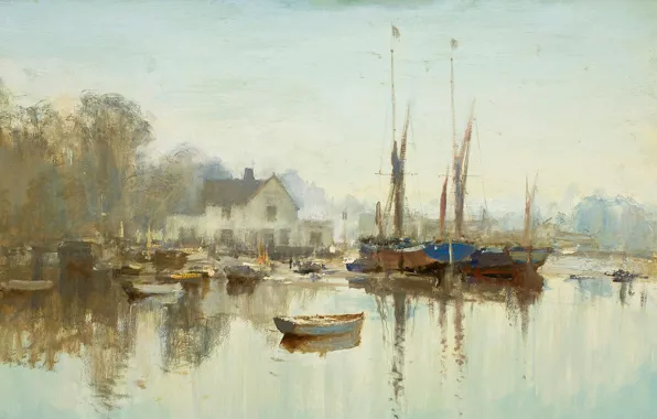 Landscape, house, picture, boats, Edward Seago, Morning in November. Pin Mill