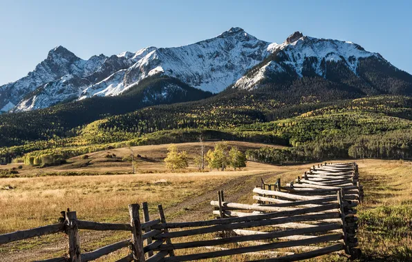 Field, snow, mountains, hills, the slopes, the fence, fence