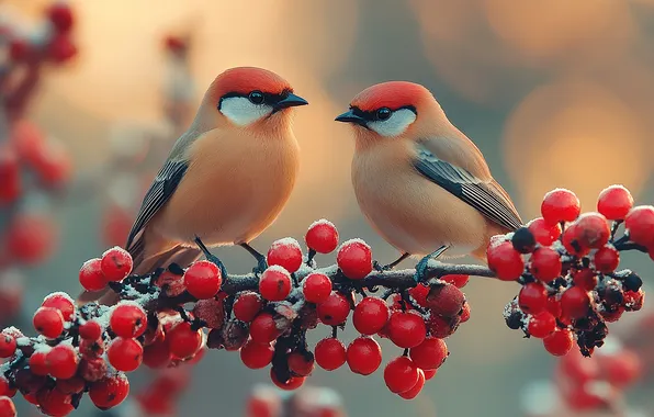 Autumn, birds, berries, branch, fruit, red, a couple, Duo