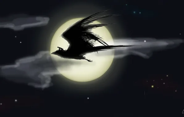 Night, bird, the moon, people, stars, rider, flight, fantasy