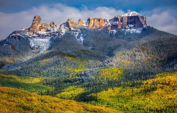 Autumn, forest, the sky, clouds, mountains, rocks, blue, the slopes