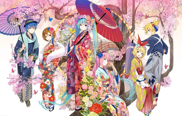 Girl, flowers, tree, bird, butterfly, umbrella, rabbit, guy