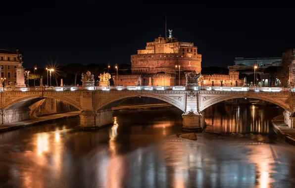 Night, bridge, lights, river, Rome, Italy, The Tiber, Castel Sant'angelo