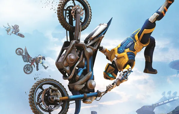 The sky, clouds, robot, home, dirt, motorcycle, tires, cyborg