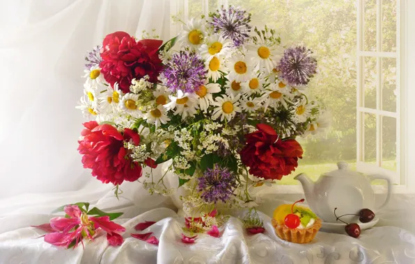 Picture chamomile, bouquet, cake, cherry, peonies, in Durban