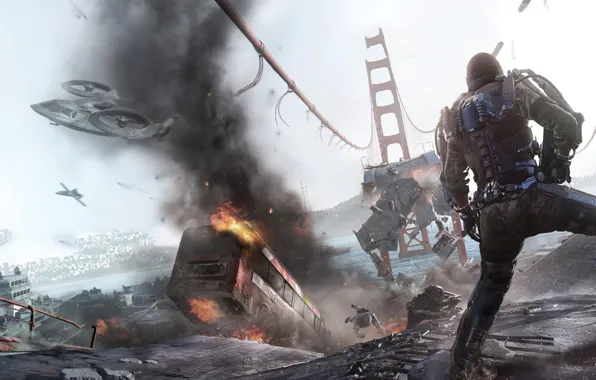 Bridge, war, art, soldiers, Call of Duty Advanced Warfare