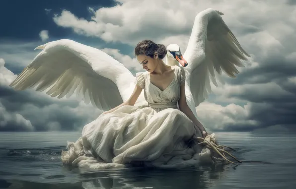 ART, GIRL, WATER, BIRD, SWAN