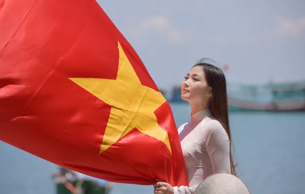 Picture girl, face, star, dress, flag, Vietnam