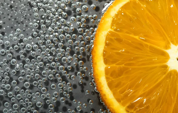Water, macro, bubbles, orange, slice, fruit, grey background, composition
