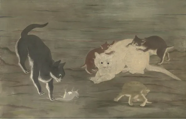 Picture the game, kittens, hunting, 1924, Tsuguharu, Fujita, Cat and mouse