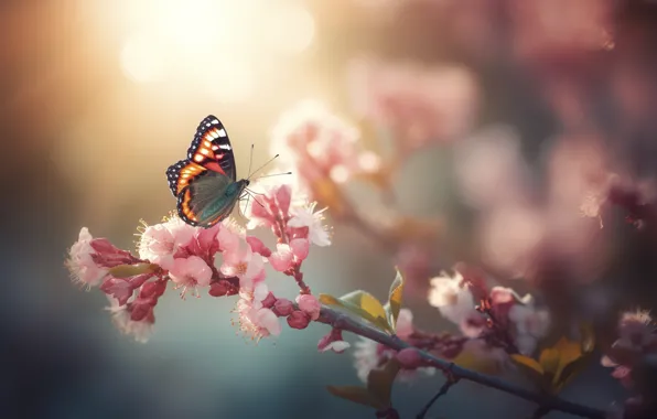 Light, butterfly, flowers, branches, butterfly, spring, pink, flowering