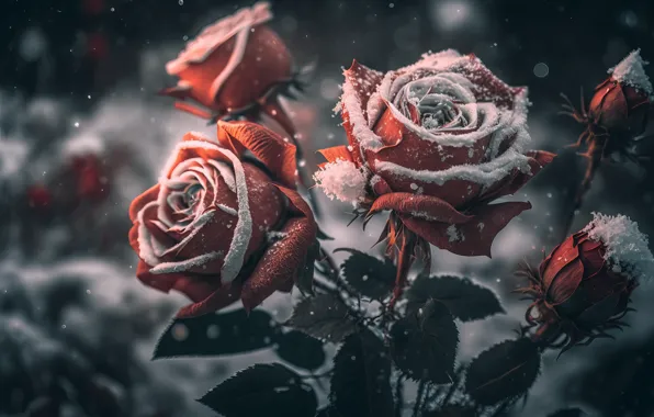 Winter, frost, snow, flowers, graphics, roses, art, red