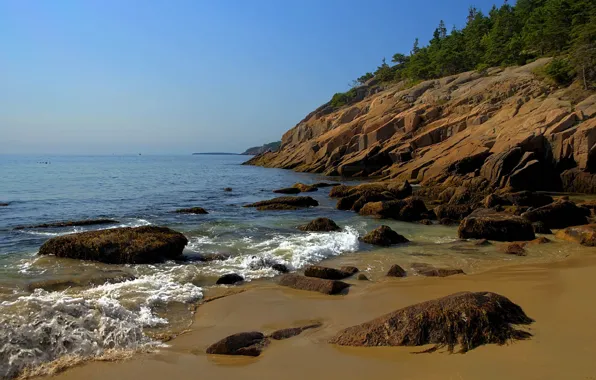 Picture sea, wave, beach, the sky, trees, stones, rocks