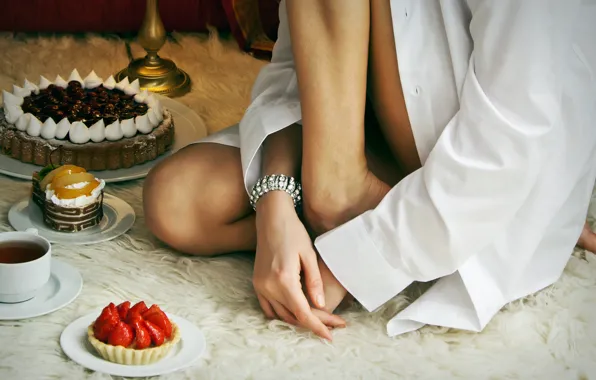 Girl, tea, chocolate, strawberry, sweets, cake, fur, shirt