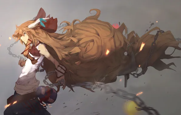 Sparks, chain, horns, grey background, white t-shirt, hair, in profile, Touhou Project