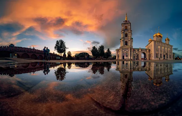 The city, reflection, the evening, puddle, temple, Tula