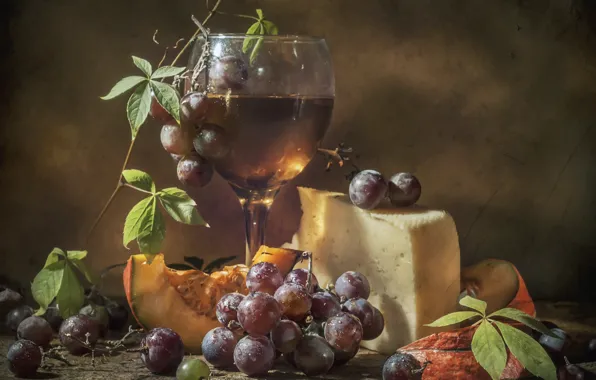 Leaves, berries, wine, glass, cheese, grapes, pumpkin, still life