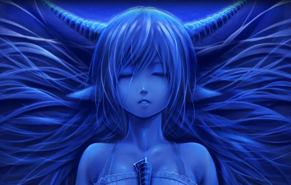 Girl, blue, face, sleeping, horns, ears, art, bouno satoshi