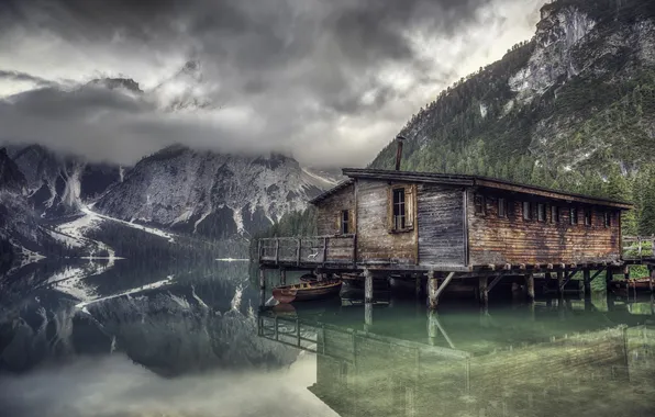 Picture the sky, mountains, clouds, lake, Marina, hut