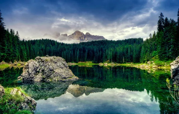 Picture forest, the sky, clouds, mountains, nature, lake, rocks, photoshop