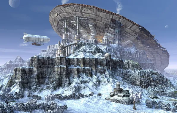 Picture snow, rocks, planet, base, the airship