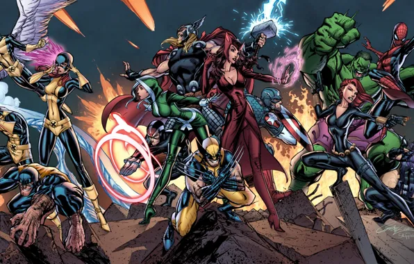 Picture Hulk, X-Men, wolverine, Rogue, Captain America, Angel, Thor, iron man