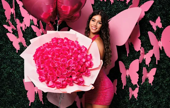 Look, butterfly, flowers, pose, background, model, portrait, roses