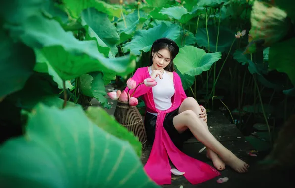 Leaves, girl, flowers, nature, thickets, shore, Lotus, Asian