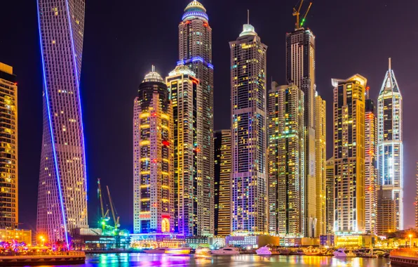City, lights, colorful, Dubai, night, skyscrapers, building, splendor