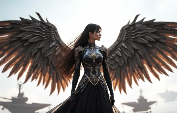 Girl, wings, ships, angel, feathers, fantasy, in black, AI art