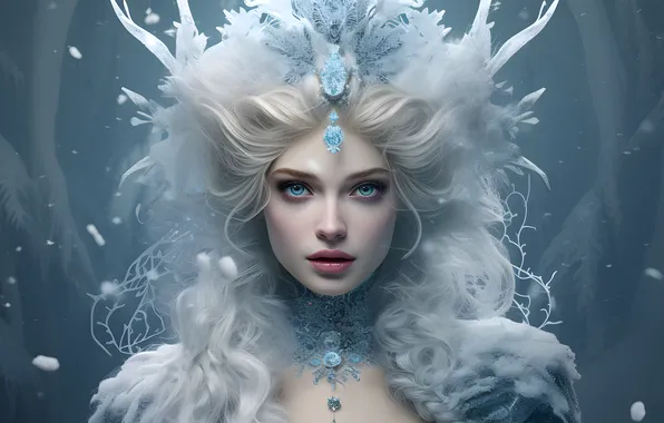 Winter, chest, look, girl, snow, decoration, portrait, crown