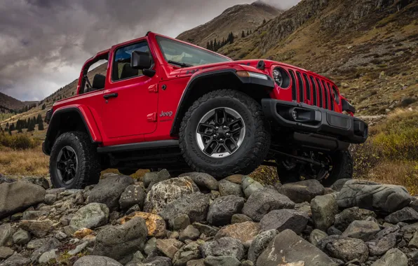 Mountains, red, stones, 2018, Jeep, Wrangler Rubicon