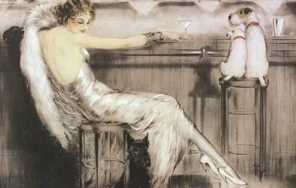 Woman, Martini, glass, dogs, Louis Icart