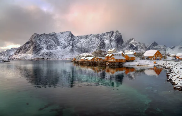 Picture winter, mountains, home, Norway, the village, the fjord, The Lofoten Islands