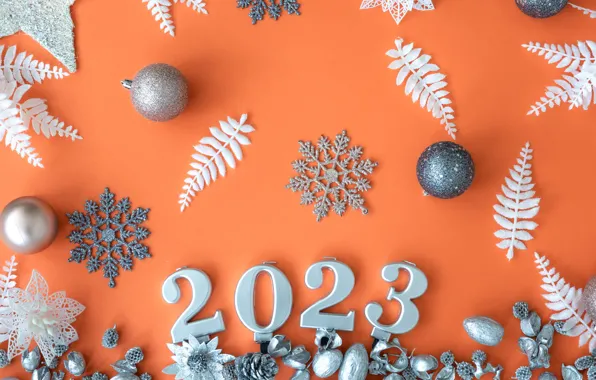 Figures, New year, orange background, date, 2023, New Year 2023