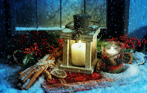 Snow, candles, Christmas, lantern, New year, cinnamon