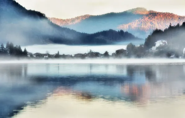 Mountains, fog, lake