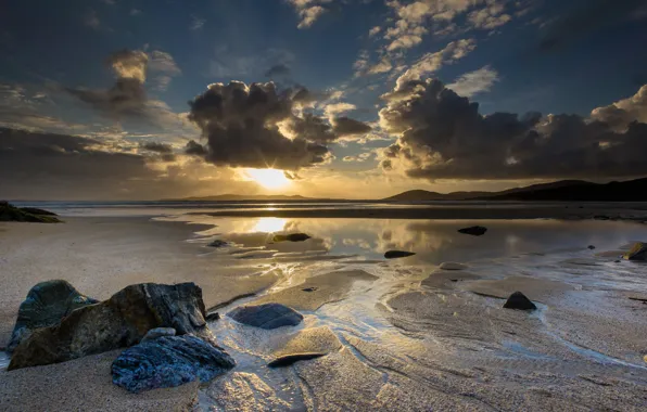 Sand, sea, beach, the sky, the sun, clouds, light, landscape
